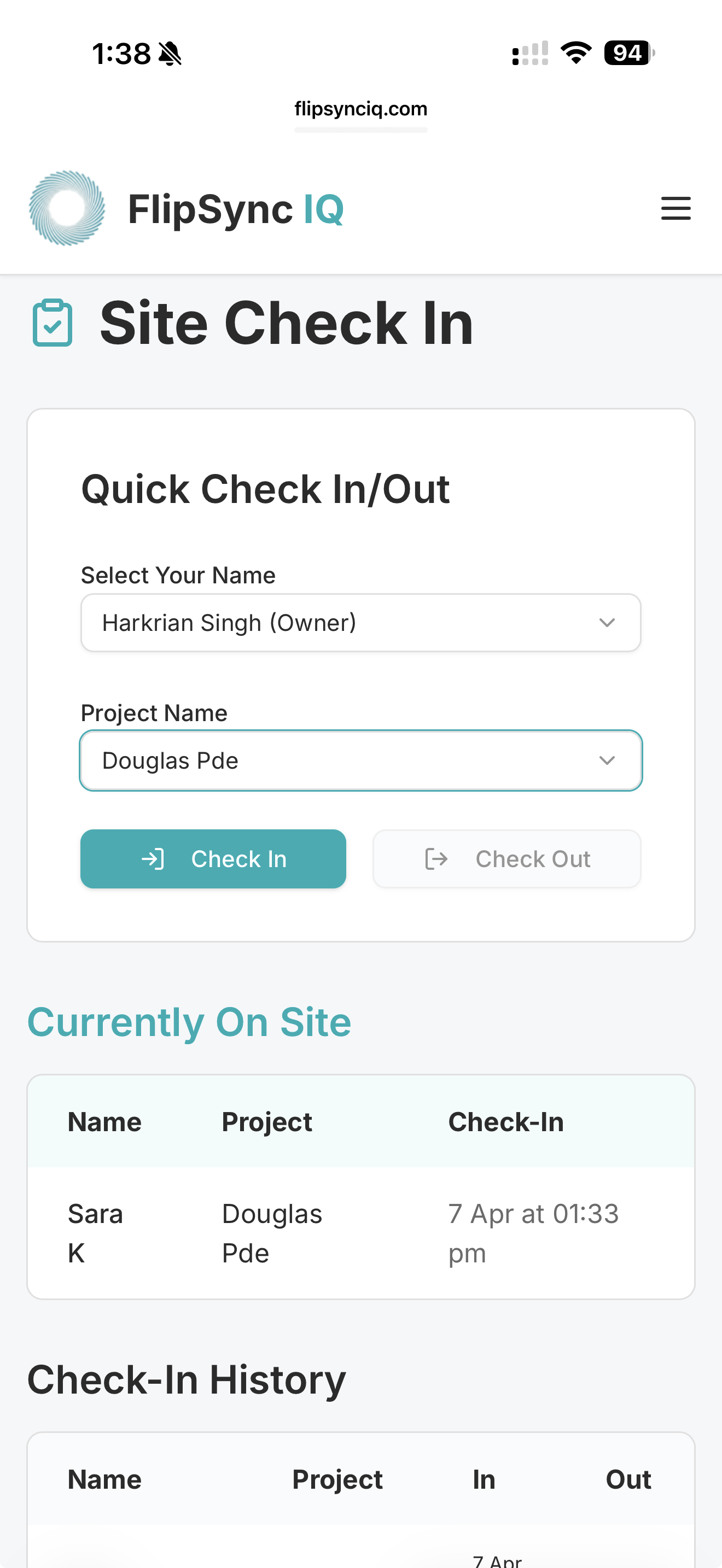 FlipSync IQ Mobile Check-In Screen